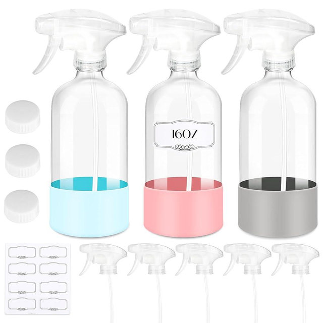 ZENOWICK 3 Pack/16 Oz Glass Spray Bottles, Refillable Empty Containers with Silicone Sleeve, Upgraded Adjustable Nozzle Spray Bottle Sets for Cleaning, Essential Oils, Hair