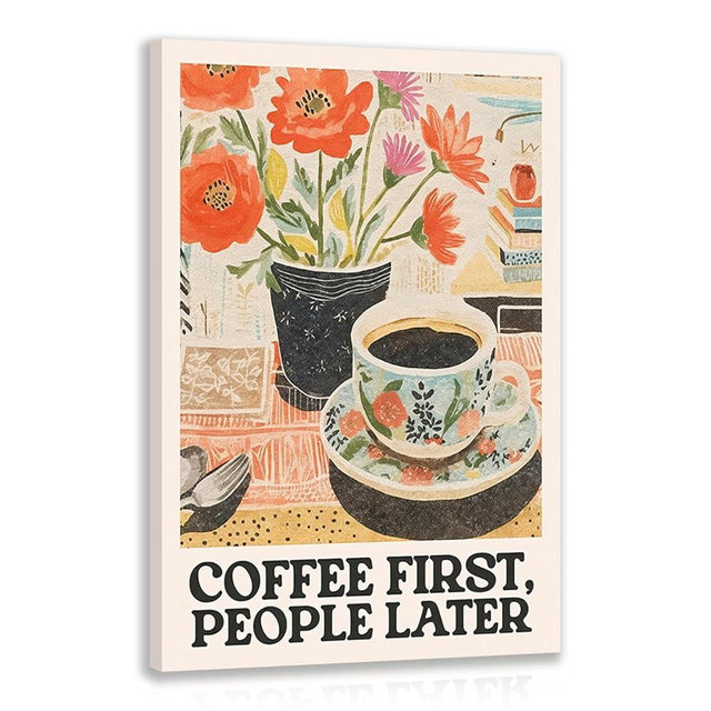 GELDSTEI Framed Retro Coffee Wall Art, Vintage Cafe Wall Decor, Coffee First People Later Canvas Painting, Classical Cafe Bar Poster Print for Kitchen Dining Room Home Office Ready to Hang 12"x16"
