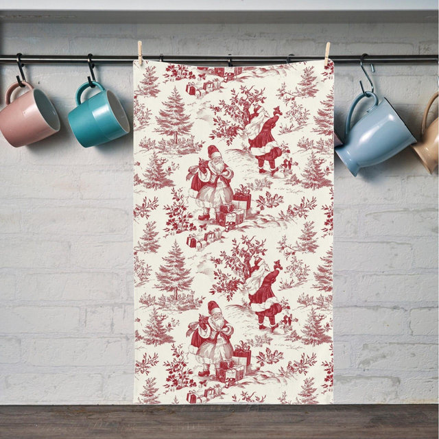 Red Toile Christmas Hand Towel: Pine Tree Holiday Decor