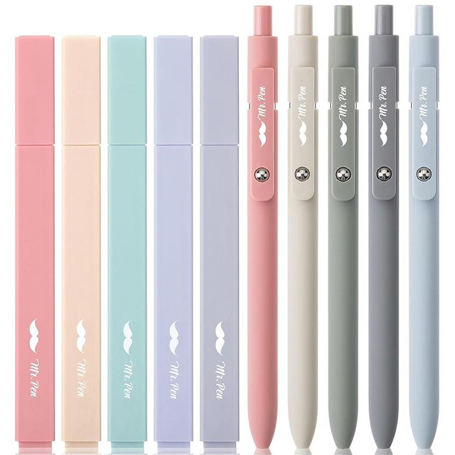 Mr. Pen Aesthetic Gel Pens & Highlighters No Bleed, 10 Pack - Morandi Color Bible Pens, Black Ink