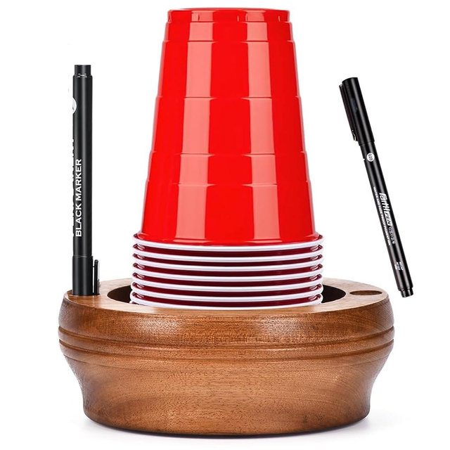 Wooden Cup Holder with Marker Slot - Disposable Plastic Cup Organizer & Dispenser for Hosting Party Essentials Kitchen Bathroom Housewarming Decoration (Walnut Color)
