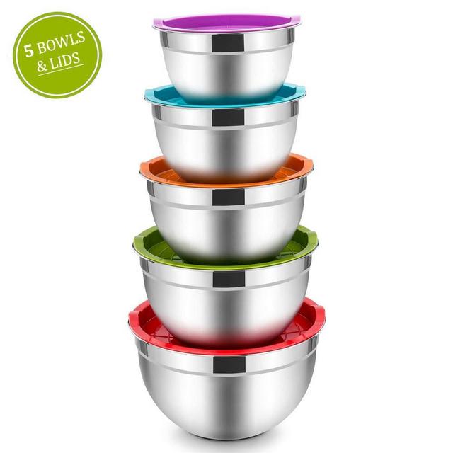 Mixing Bowls with Lids Set of 5, E-far Stainless Steel Mixing Bowls Metal Nesting Bowls, Airtight Lids & Scale Marks, Healthy & Easy Clean, Great for Cooking, Baking, Serving - Size 1.5/2.5/3/4/5 QT