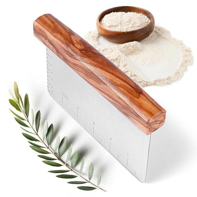 Feinbäck Olive Wood 3"x 6" Bench Scraper for Bread, Stainless Steel Kitchen Utensils Dough Scraper Rounded Corners | Gifts for Sourdough Bakers | Bread Baking Supplies | Vegetable Chopper Pizza Cutter