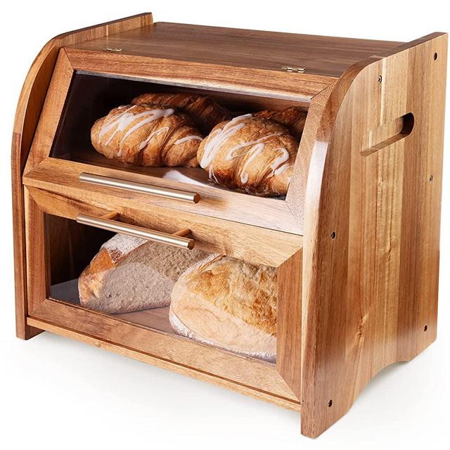 Arise Stylish Acacia Bread Box for Kitchen Countertop, Premium Extra Large 2-Shelf Wooden Bread Storage with Clear Windows and Air Vents Keeps Bread and Bagels Fresh.15.7 x 10.4 x 14.4, Self Assembly