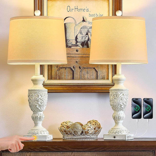 SAIWEYA 26.5" Farmhouse Table Lamp Set of 2, 3-Way Dimmable Touch Control Vintage Rustic Side Table Nightstand Lamps for Bedroom Living Room Study Room (Whitewashed Gold)