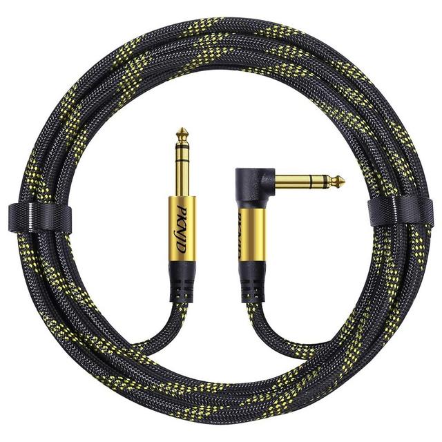 PKNJD 10ft 1/4 Inch TRS Instrument Cable, Right Angle and Straight 6.35mm Male Jack Stereo Audio Interconnect Cord,Compatible for Bass,Keyboard,Mixer,Amplifier,Amp,ect (Right-Angle, 10FT)