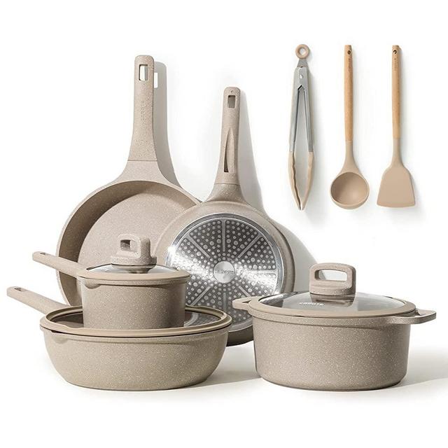 CAROTE Pots and Pans Set Nonstick, 11 Pcs Induction Cookware Set, Stackable Kitchen Cookware, Pans for Cooking, Taupe Granite