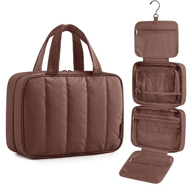BAGSMART Travel Toiletry Bag for women, Portable Hanging Hook Makeup Bag Organizer, Waterproof Makeup Cosmetic Bag, for Full-Size Accessories, Toiletries,Coffee Brown