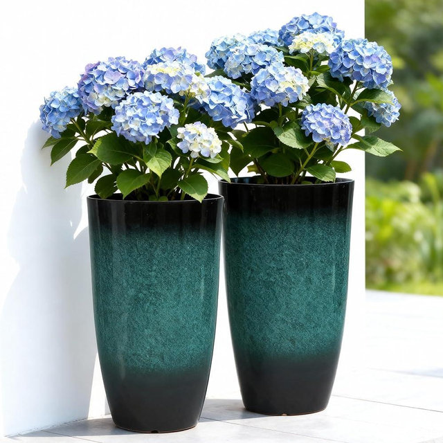Autodaya 23.8" Tall Outdoor Planters Set of 2, Ceramic-Look Large Flower Pots for Indoor Outdoor Plants, All Seasons for Porch, Balcony, Garden, Patio or Home Art Decor, Gradient Turquoise Finish