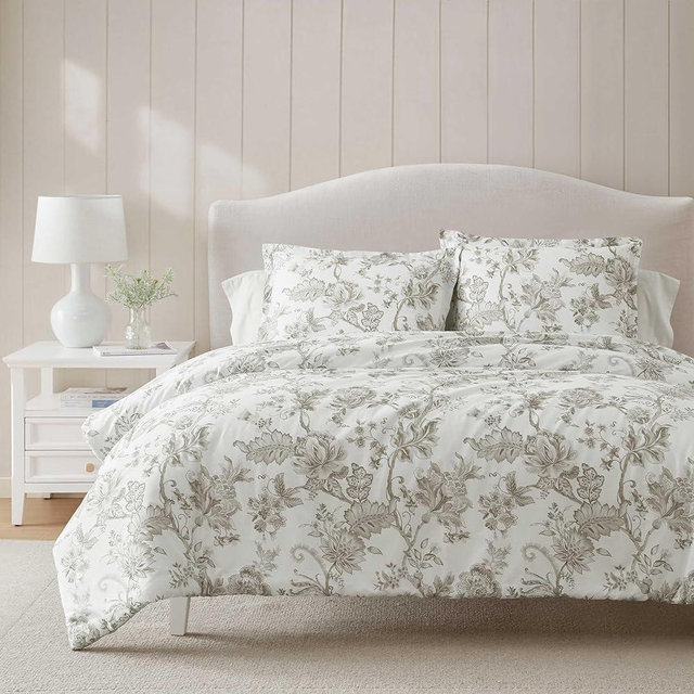 Martha Stewart - King Comforter Set, Smooth Sateen Front with Subtle Sheen & Lightweight Cotton Percale Reverse, 3 Piece Bed Set with Matching Pillowcases (Avery Floral Grey)