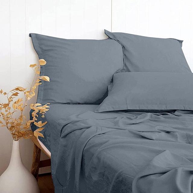 Gray Blue Queen Size Sheets Set - Breathable & Cooling Sheets - Linen Textured 55% Bamboo 45% Cotton Sheets Set for Hot Sleepers, Soft Durable Organic Bed Sheets 16" Deep Pocket - 4 Piece Set