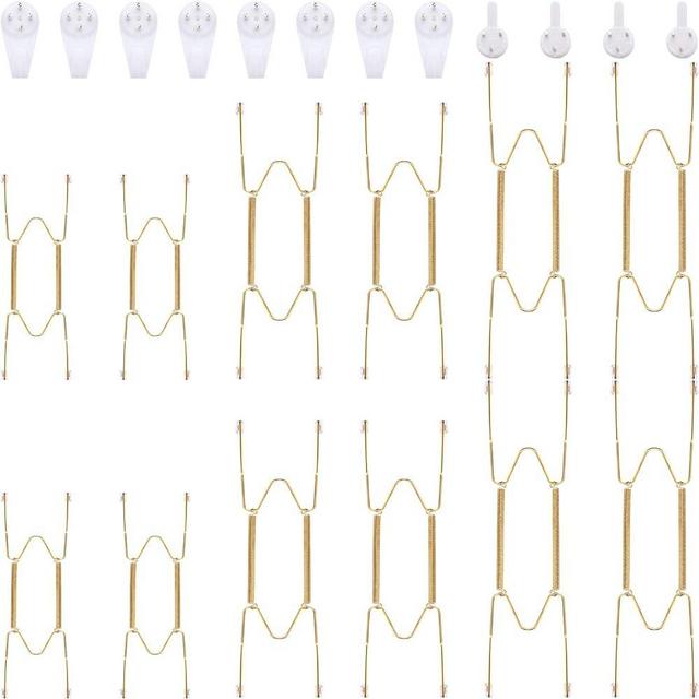 Hotop 12 Pieces Plate Hangers for Wall Plate Hangers Stainless Steel Wire Invisible Plate Hangers Heavy Duty Display Holders with 12 Pieces Wall Hooks for Decorative Plates (Gold, 6/8/10 Inch)