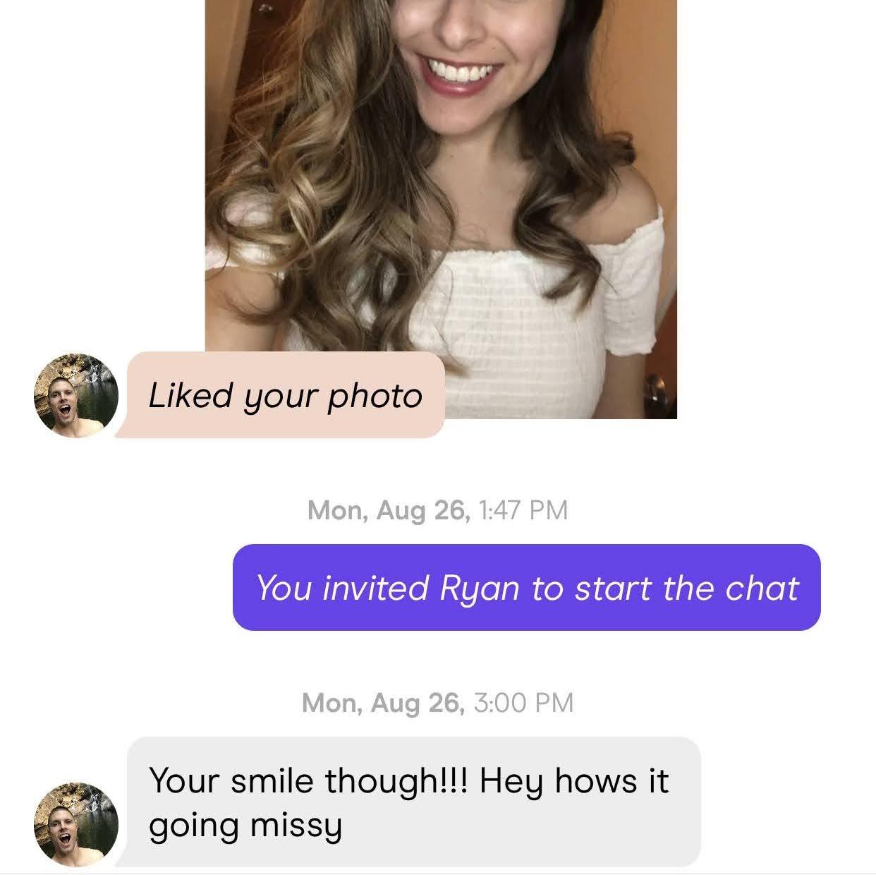 Maria + Ryan's very first interaction! (Maria had a feeling about their special connection and screenshotted this before deleting the app forever)