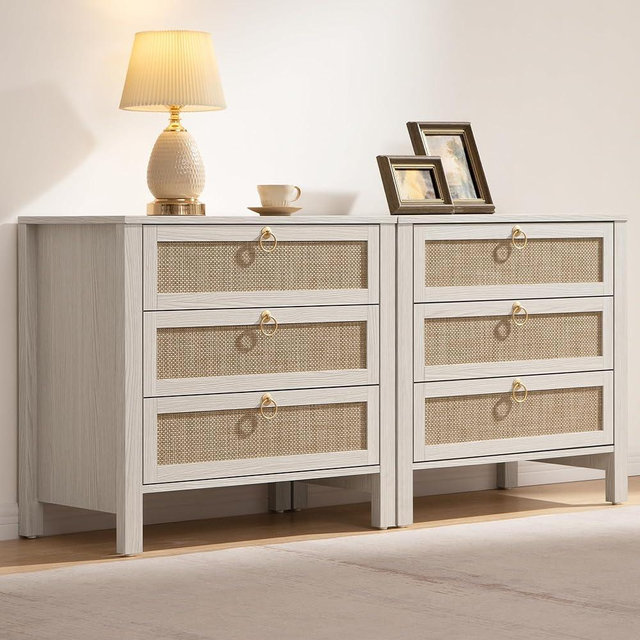 SICOTAS White Nightstand Set 2 with Drawers - Large Rattan Bedside Table with Golden Handle, 3 Drawers Night Stand 26.78" Wide Boho Nightstand for Bedroom