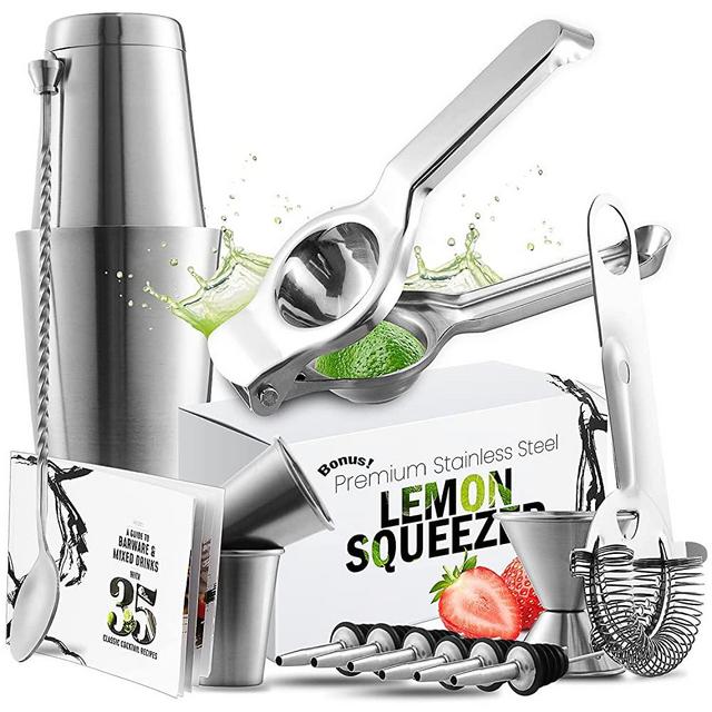 Eatex Bar Set Cocktail Shaker Set - Stainless Steel Bartender Kit, 16 Piece Cocktail Kit, Complete Cocktail Set, Bar Tools: Martini Shaker, Muddler, Cocktail Book, Jigger, Liquor Pourers - Silver