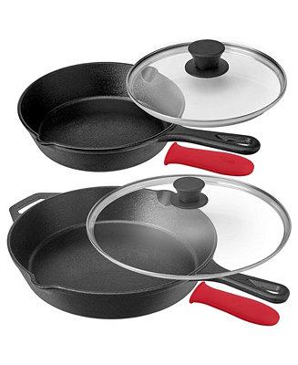 Pre-Seasoned 6 Piece Skillet Set with Lids and Holders