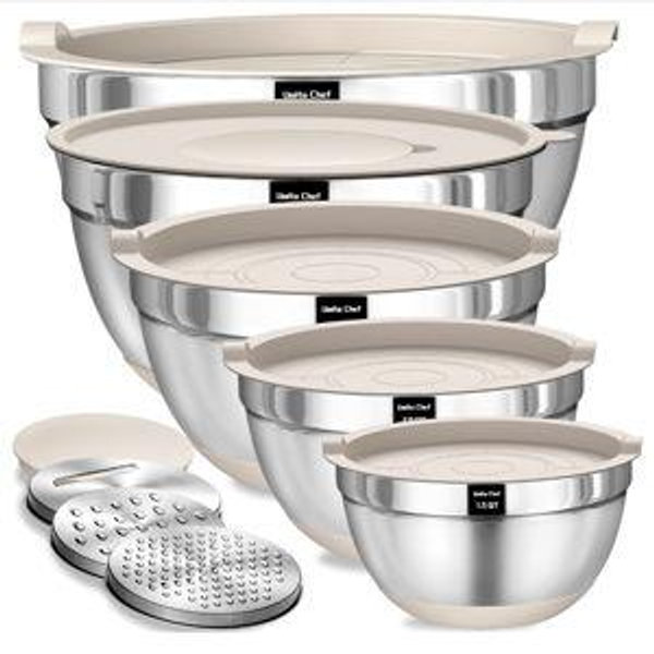 Umite Chef Mixing Bowls with Airtight Lids Set, 8PCS Stainless Steel Khaki Nesting Bowls with Grater Attachments, Kitchen Bowls with Non-Slip Bottoms, Size 5, 4, 3.5, 2, 1.5QT for Mixing & Serving