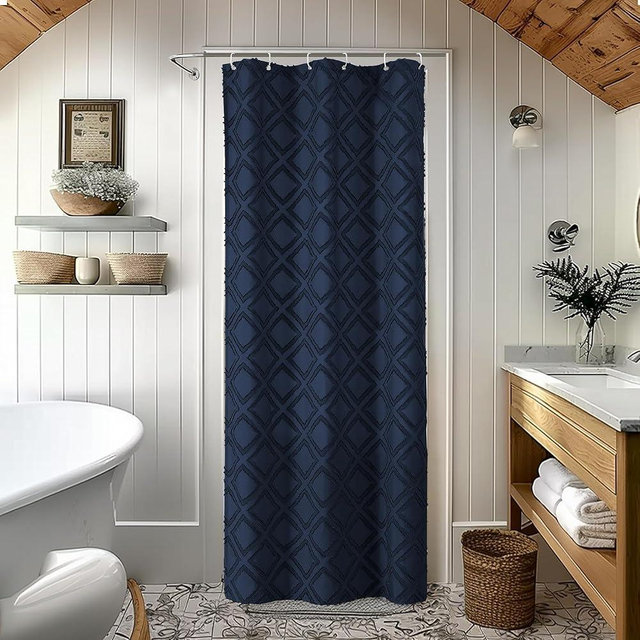 OWENIE Navy Blue Shower Curtain Set for Bathroom, 36" Width Stall Small Boho Shower Curtain with 12 Hooks, Soft Lightweight Jacquard Design Fabric Shower Curtains, Machine Washable, 36 W x 72 L