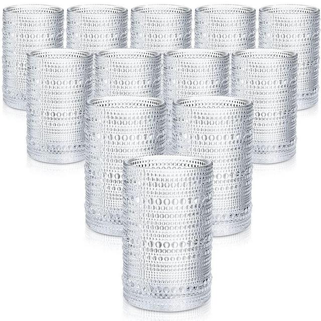 12 Set Hobnail Drinking Glasses 13 oz Cocktail Glasses Vintage Glassware Old Fashioned Drinking Glasses Embossed Glassware Cups for Beverage, Water, Wine, Beer, Juice, Mixed Drinkware (Clear)