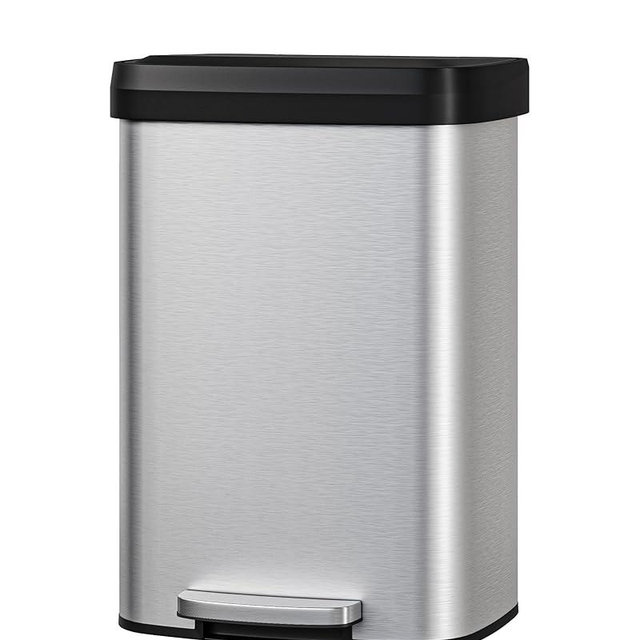 Garvee 13 Gallon / 50 L Stainless Steel Trash Can with Lid, Large Garbage Can for Kitchen, Rustproof Step-on Kitchen Metal Trash Bin with Liner Rim, Rear Handle, Soft Close Plastic Lid, Silver