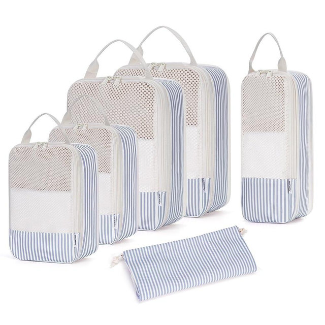 Narwey 6 Set Striped Compression Packing Cubes for Travel Kids Women, Durable Packing Organizers Bag for Carry on Luggage Suitcase Duffle Bags Backpack (Greyish Blue Stripe)
