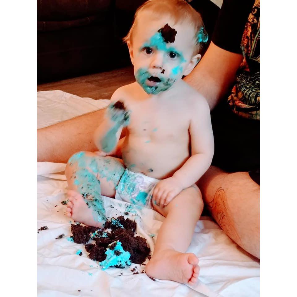 Greyson's first birthday, covered in cake