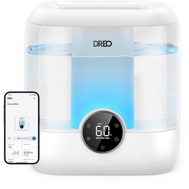 Dreo Smart Humidifiers for Bedroom, 6L Top Fill Supersized Cool Mist Humidifier for Large Room, 60 Hour Runtime, Quiet Ultrasonic Humidifiers for Plants, Baby, Indoor, Home, Night Light, White
