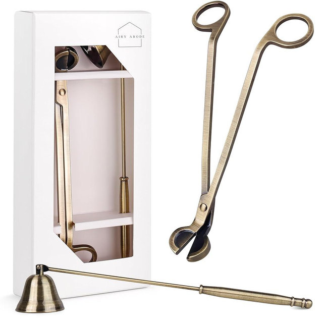 Airy Abode Candle Snuffer and Wick Trimmer Set, Bell Snuffer Gift Box, Stainless Steel Candle Care Accessory for Home Decor, Brushed Gold