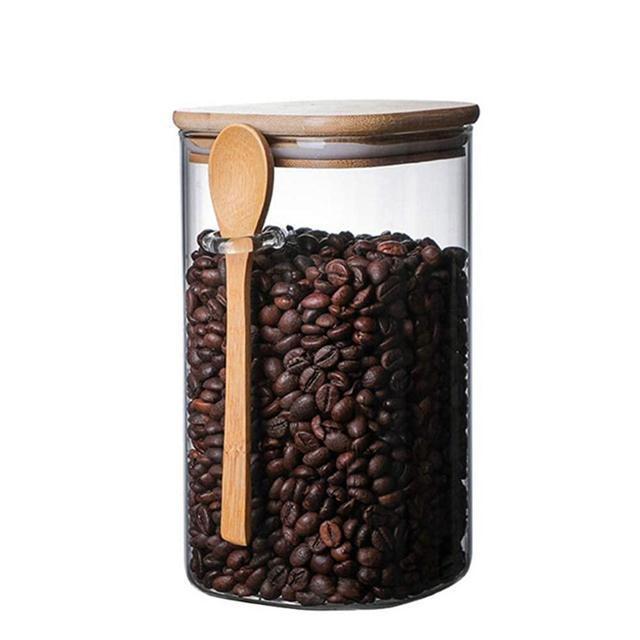 Glass Storage Jar with Wood Lids and Spoon, Airtight Sealed Clear Borosilicate Glass Canister Kitchen Food Storage Containers for Coffee Beans Loose Tea Nuts Sugar Candy Spice (1200ml)