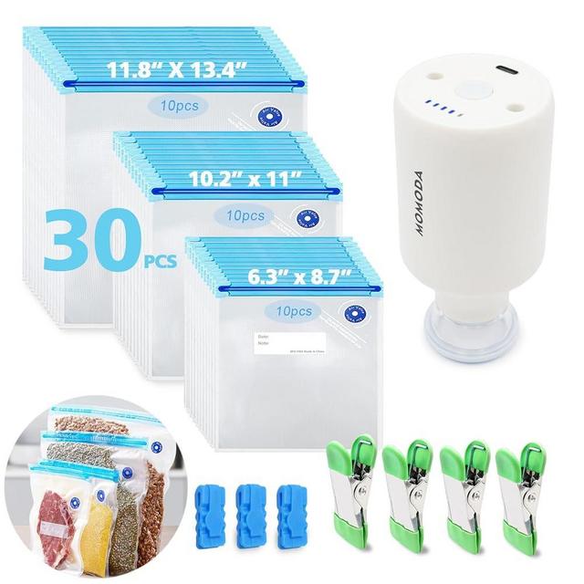 MOMODA Sous Vide Cooking Bags - Set of 30 | BPA-Free Reusable Vacuum Seal Bags with Air Valve for Joule and Anova Cookers | Freezer Safe Vacuum Food Storage Bags with Upgraded Electric Pump Included