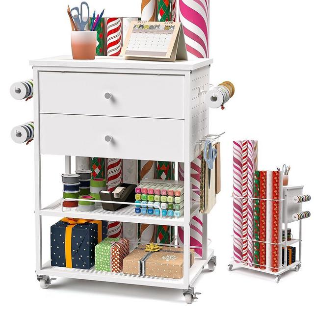 𝗬𝘂𝗺𝗸𝗳𝗼𝗶 Wrapping Paper Storage Cart, Rolling Gift Wrap Station with Ribbon and Gift Bag Storage, Wrapping Paper Organizer Holder, Craft Organizers and Storage for Christmas