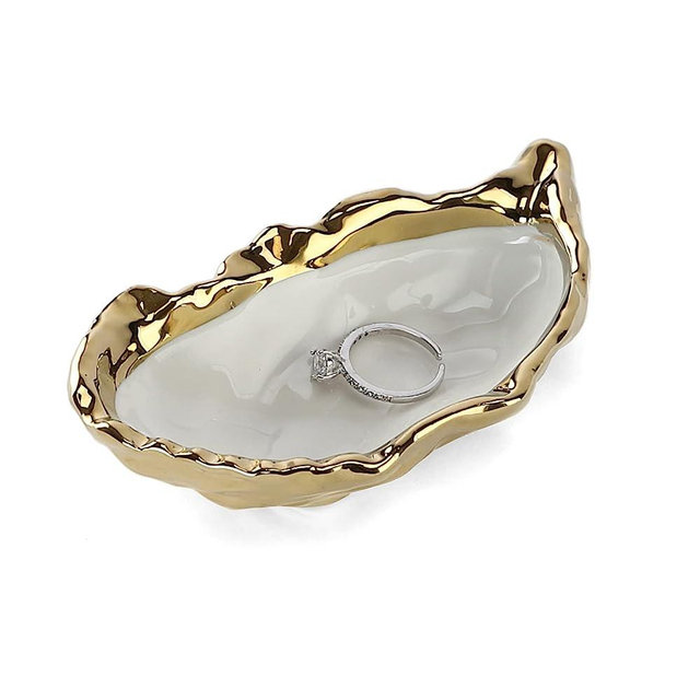 HOME SMILE Oyster Shell Ring Dish,Jewelry Dish Tray, Trinket Tray, Long Distance Friendship Gifts for Women,Ceramic Gold