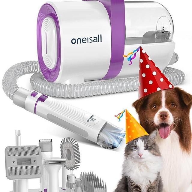 oneisall Dog Hair Vacuum & Dog Grooming Kit, Pet Grooming Vacuum with Pet Clipper Nail Grinder, 1.5L Dust Cup Dog Brush Vacuum with 7 Pet Grooming Tools for Shedding Pet Hair, Home Cleaning (Purple)