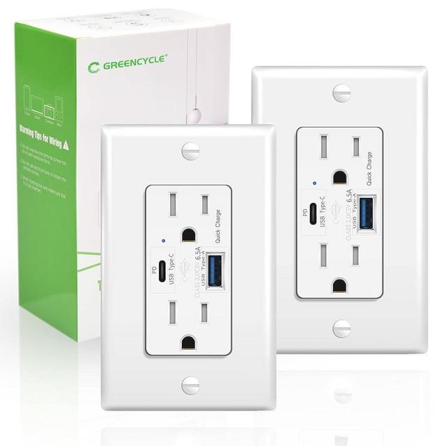 Greencycle USB C Outlet PD3.0,2PK GaN 65W Type C Outlet,Fast Charging USB-C Charger,15 Amp Tamper Resistant Receptacle Plug,Electrical USB Socket Charge for Mac Air,iPhone 14 Pro Max,Android,UL Listed