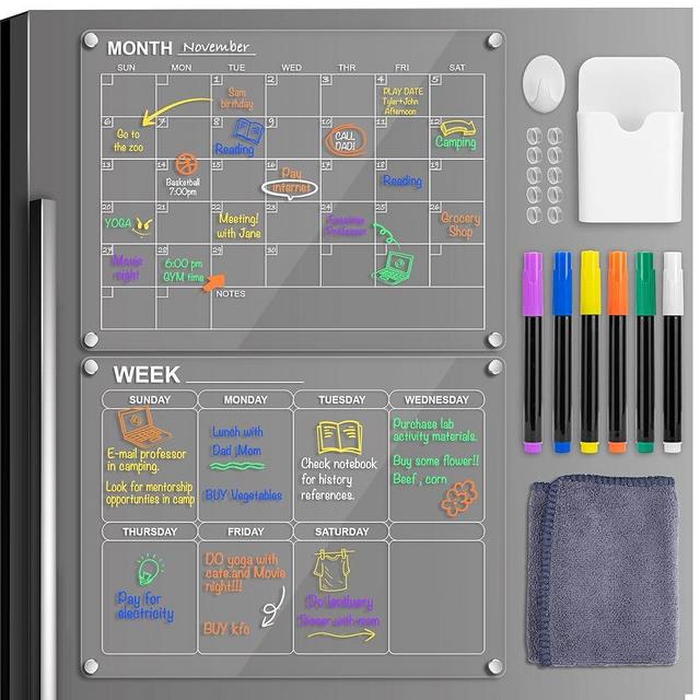 Magnetic Acrylic Calendar for Fridge 16"x12", 2 Set Monthly and Weekly Reusable Dry Erase Calendar for Fridge, Clear Fridge Calendar with Anti-Slip Silicone, Strong Magnets, 6 Colors Markers​
