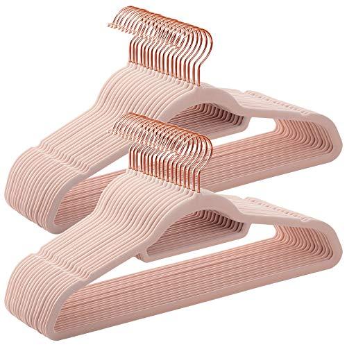 SONGMICS Velvet Hangers, 50 Pack, Non-Slip Clothes Hanger with Rose Gold Color Swivel Hook, 0.2 Inch Thick and Space Saving, Light Pink UCRF21PK50
