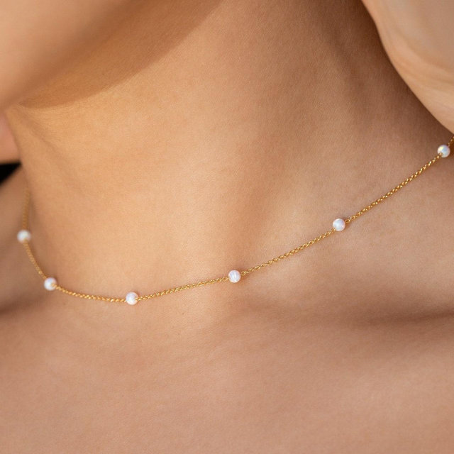 Opal Station Necklace by Caitlyn Minimalist • Dainty Gemstone Choker Necklace • Bridal, Wedding Jewelry • Perfect Gift for Her • NR105