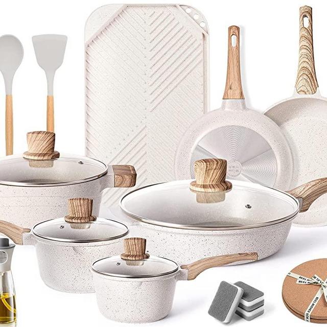 Pots and Pans Set - Caannasweis Kitchen Nonstick Cookware Sets Granite Frying Pans for Cooking Marble Stone Pan Sets Kitchen Essentials 20 Piece Set Beige