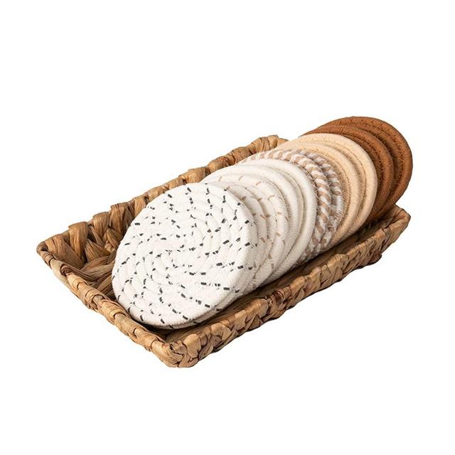 Coasters for Drinks & Water Hyacinth Storage Basket Set- 12 Pcs Boho Absorbent Coasters for Coffee Table in 6 Style, Large Hand Woven Wicker Basket