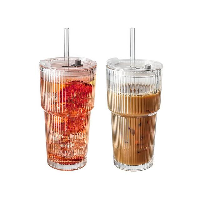SUROQUE 20oz Ribbed Glass Tumblers with Lids & Straws, Ideal for Iced Coffee, Cocktails & More - Includes Cleaning Brush