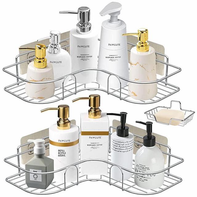 2 Pack Corner Shower Caddy, Adhesive Shower Organizer Shelf with Soap Dish Holder, Stainless Steel Shower Rack Organizer for Toilet, Bathroom, Kitchen and Dorm (Silver)