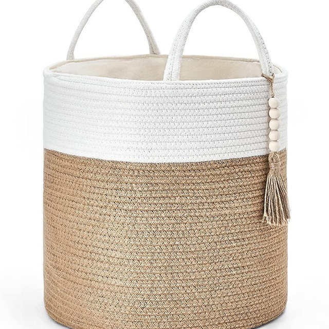 Mkono Woven Storage Basket Decorative Rope Basket Wooden Bead Decoration for Blankets,Toys,Clothes,Shoes,Plant Organizer Bin with Handles Living Room Home Decor, 15"Wx17.7"L,White and Yellow