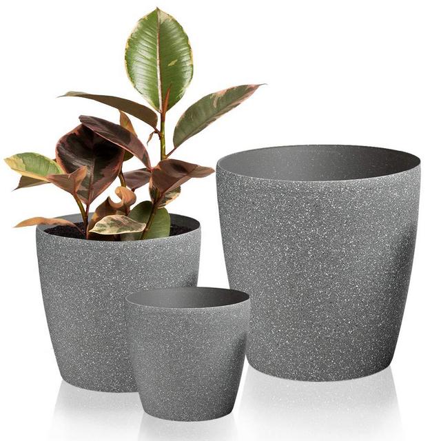 Worth Garden Luxury Set of 3 Resin Planter Grey Round Flower Pots with Drain Hole Planter for Plants Indoor Outdoor Garden Patio Deck Elegant Light & Unbreakable Large Medium Small 3-Year Warranty