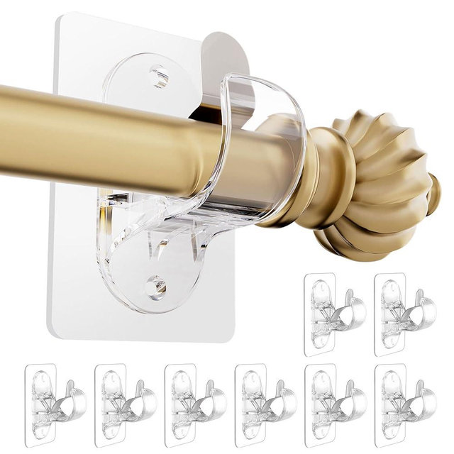No Drill Curtain Rod Brackets, (8 Pack) Self Adhesive Curtain Rod Holders No Screw Nail-Free, Adjustable Heavy Duty Stick On Curtain Hangers Hooks for 0.5 to 1.3" Dia Rods