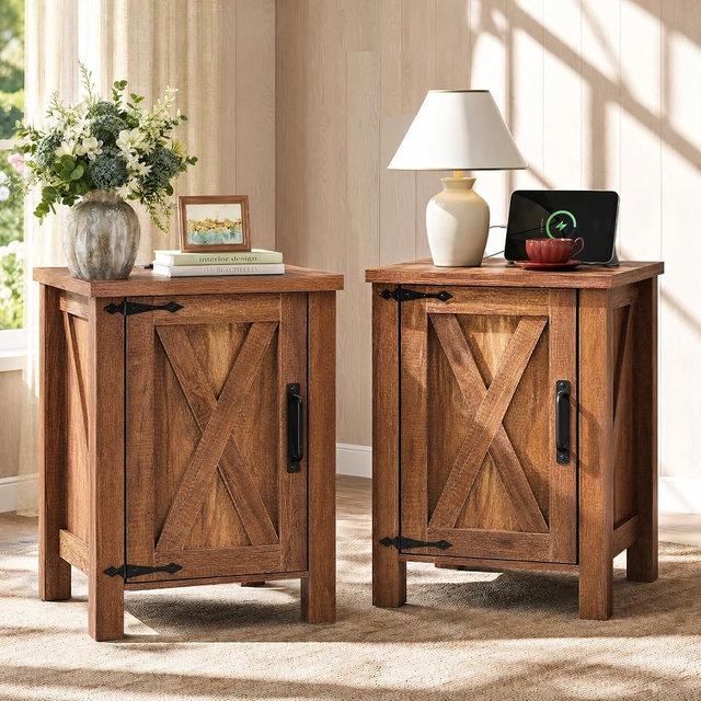 WLIVE Farmhouse Nightstand Set of 2 with Charging Station, Rustic Brown End Table Sets with Barn Door and Adjustable Storage Shelf, 18" Modern Wood Night Stand Bedside Tables for Bedroom