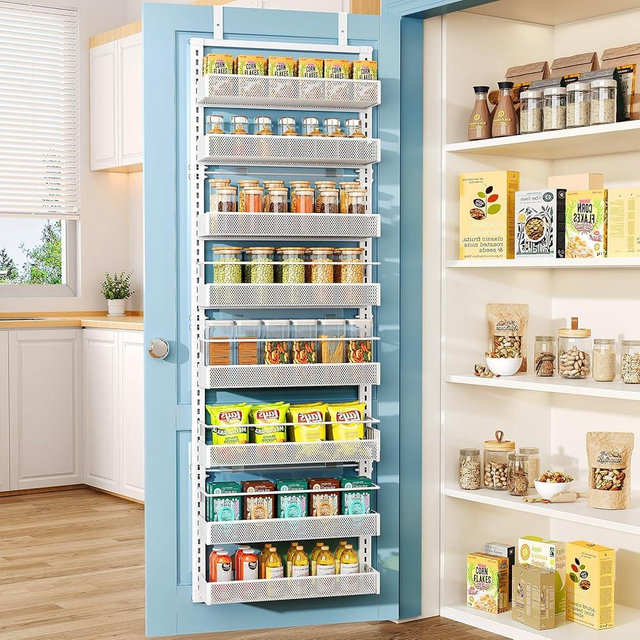 Over the Door Pantry Organizer - 8 Tier Adjustable Pantry Door Spice Organizer, Large Capacity Hanging Door Spice Rack for Kitchen Pantry Organizers and Storage (White)
