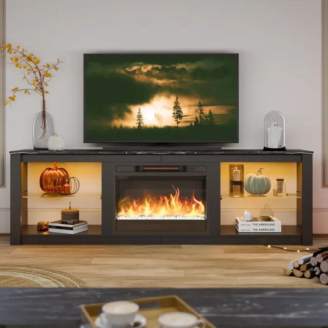 Bestier 71" Fireplace TV Stand for TVs Up to 75", Modern TV Stand with 36" Electric Fireplace with LED Lights & Shelves for Living Room, Black
