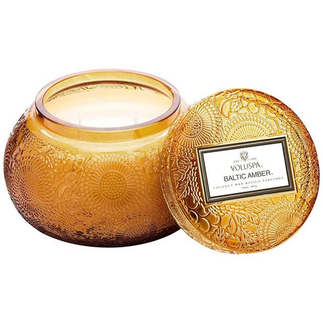 Voluspa Baltic Amber Embossed Glass Chawan Bowl Candle, 14 Ounces