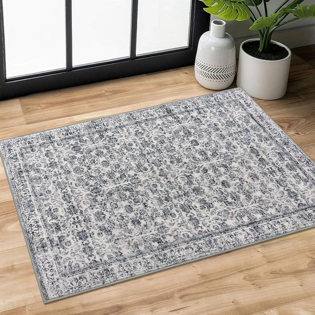 SIILOOM 2x3 Grey Blue Washable Rug Soft Area Rug for Entryway, Non-Slip Indoor Door Mat Distressed Floral Low-Pile Kitchen Rugs, Neutral Vintage Carpet for Entrance Kitchen Bedside Farmhouse