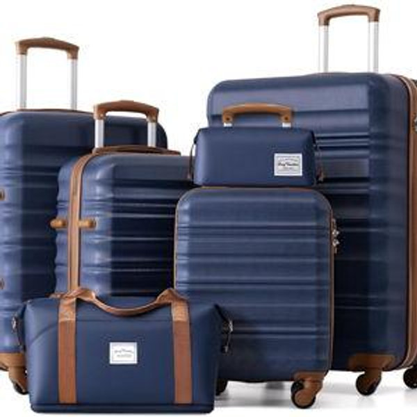 LONG VACATION Luggage Set 6 Piece Luggage ABS hardshell TSA Lock Spinner Wheels Luggage Carry on Suitcase (NAVY, 6 piece set)